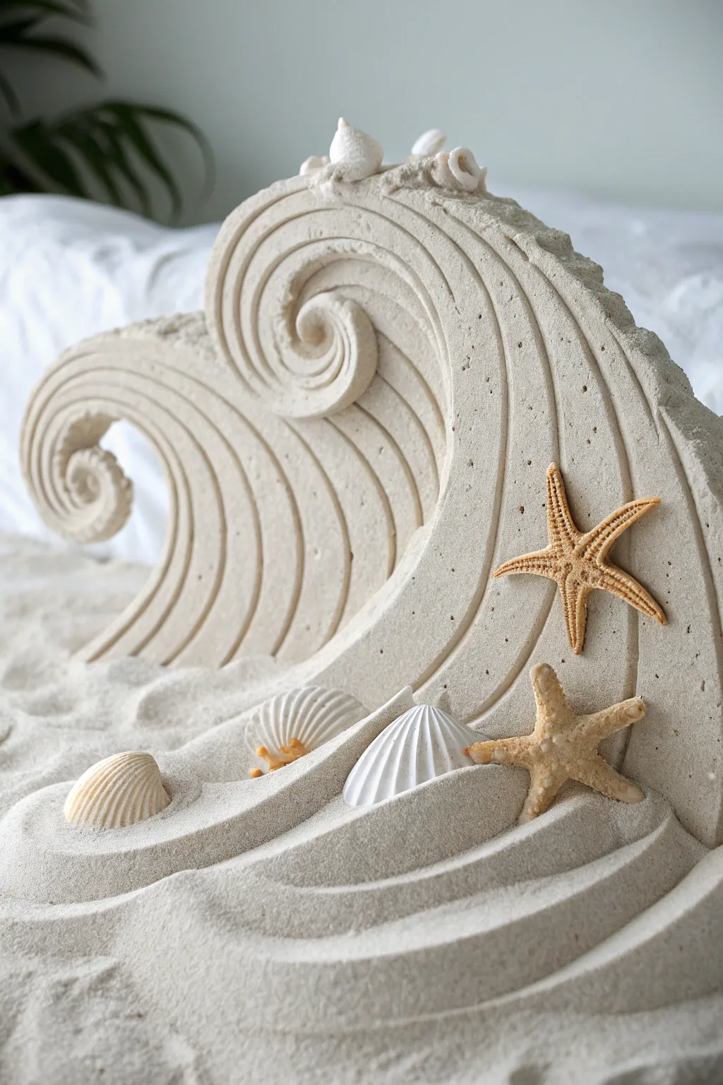 Embrace the serenity of the seaside with this exquisite sand sculpture, where ocean waves and a starfish bring natural beauty to life.