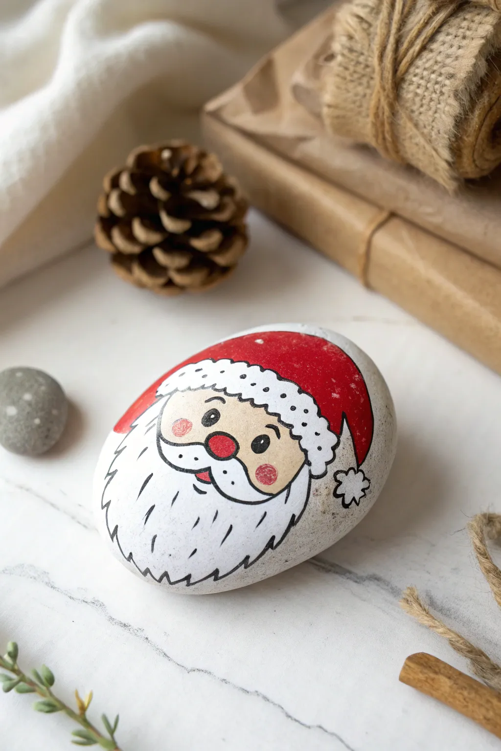 Bring festive cheer to your decor with a hand-painted Santa rock, blending Scandinavian minimalism with Boho charm.