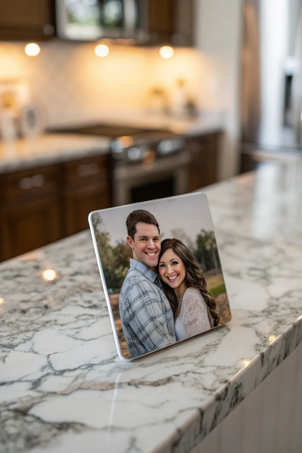 Capture your love story with a personalized engagement photo magnet.