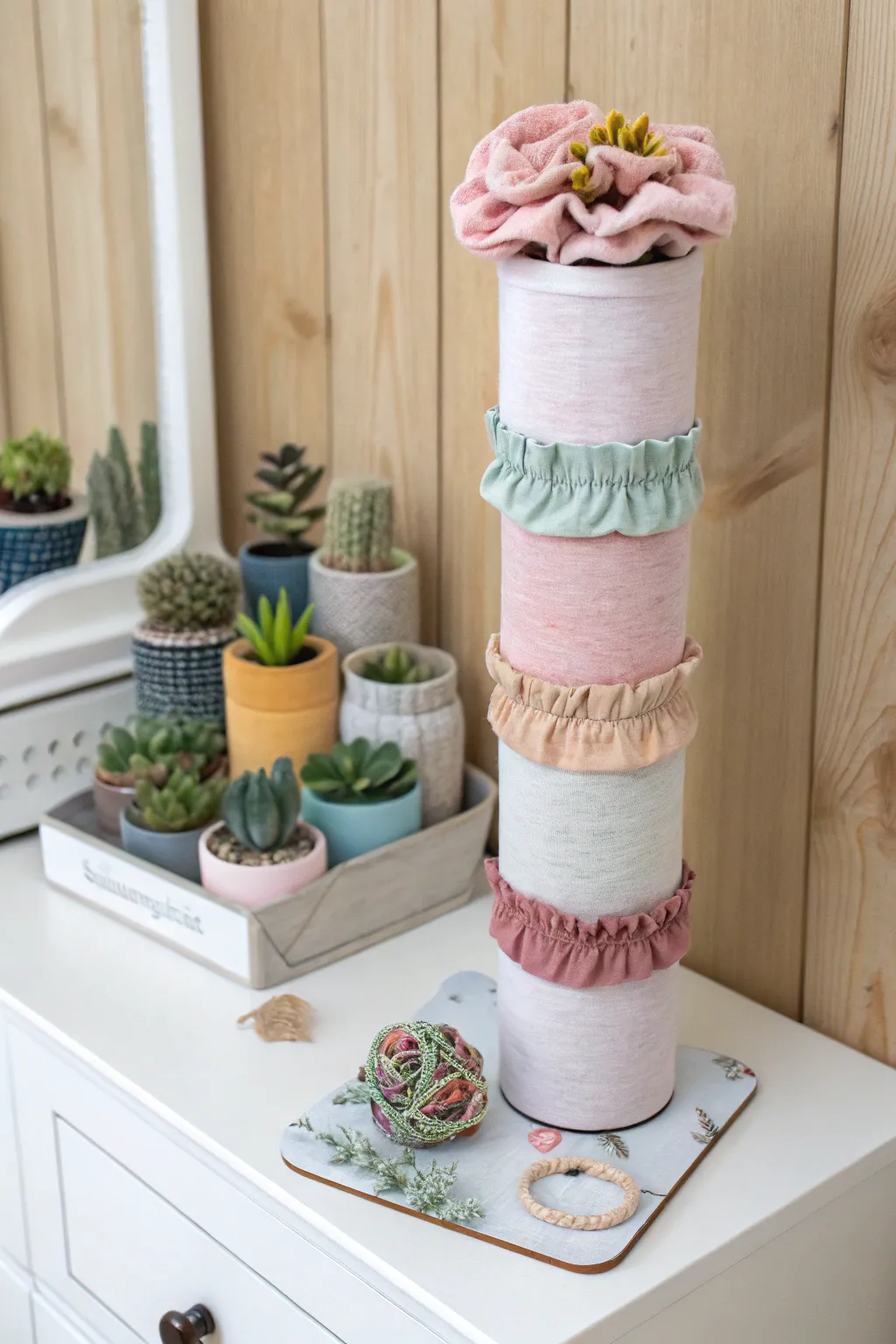Organize your scrunchies in style with this DIY fabric-covered tube, adding a touch of minimalist charm to your vanity.