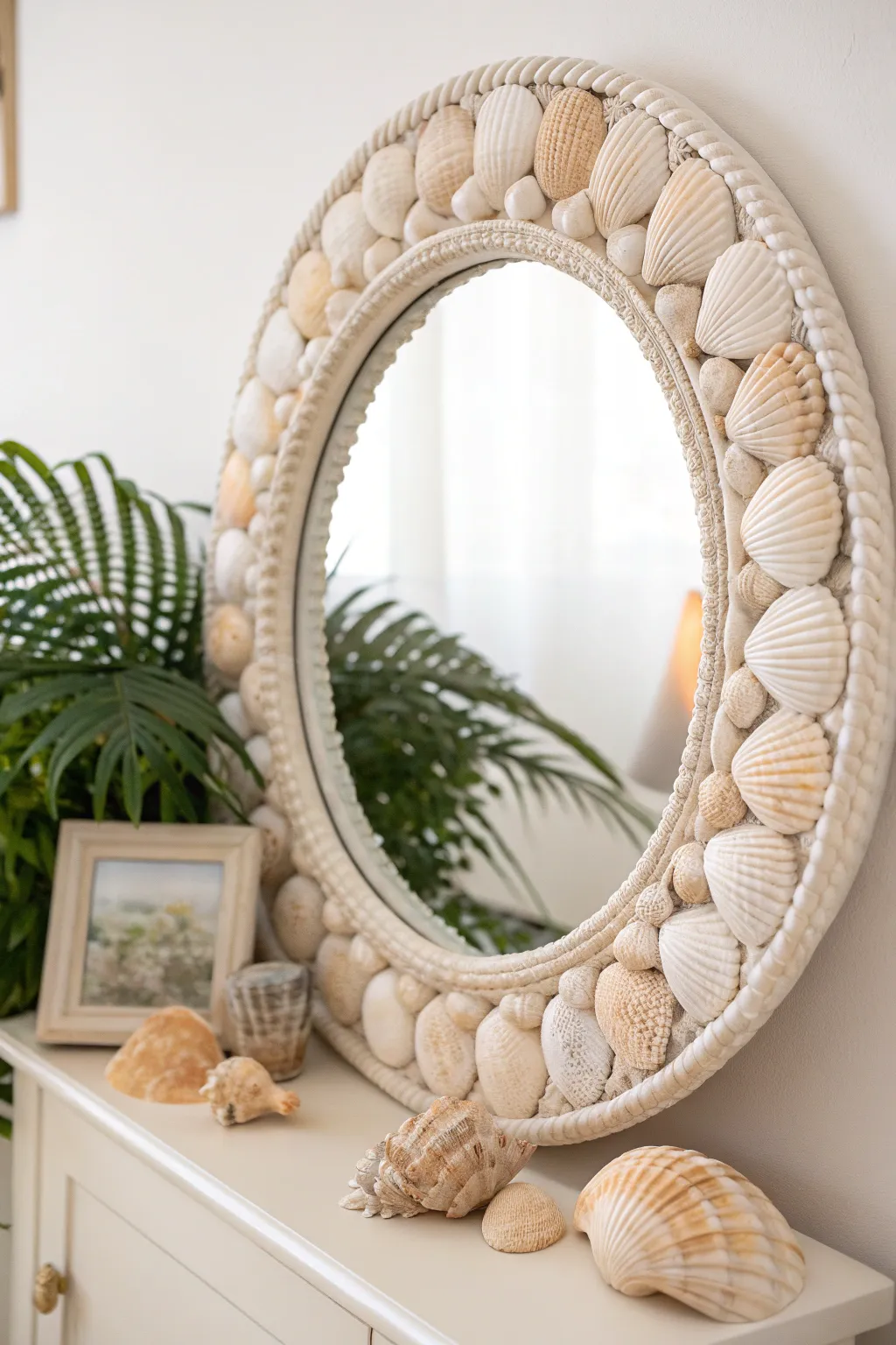 Capture the ocean's elegance with this serene seashell mirror, perfect for adding a touch of coastal charm to your bathroom.