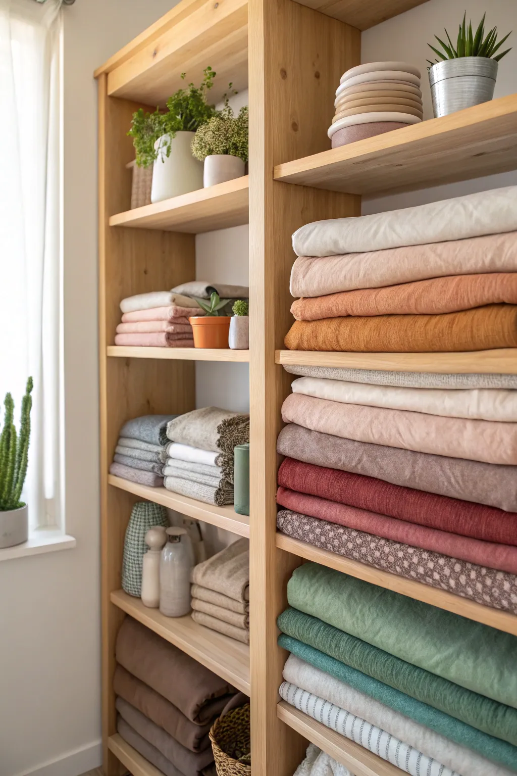 Elevate your sewing space with open shelves that showcase your fabric collection in a stunning spectrum of colors and textures. #SewingOrganizer #ScandiBohoStyle