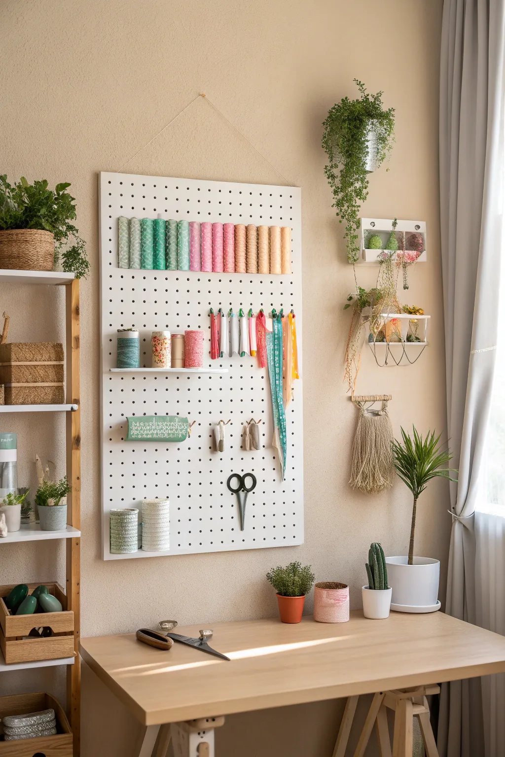 Transform your sewing space into an organized haven with a stylish pegboard. #CraftRoomGoals #ScandiBohoStyle