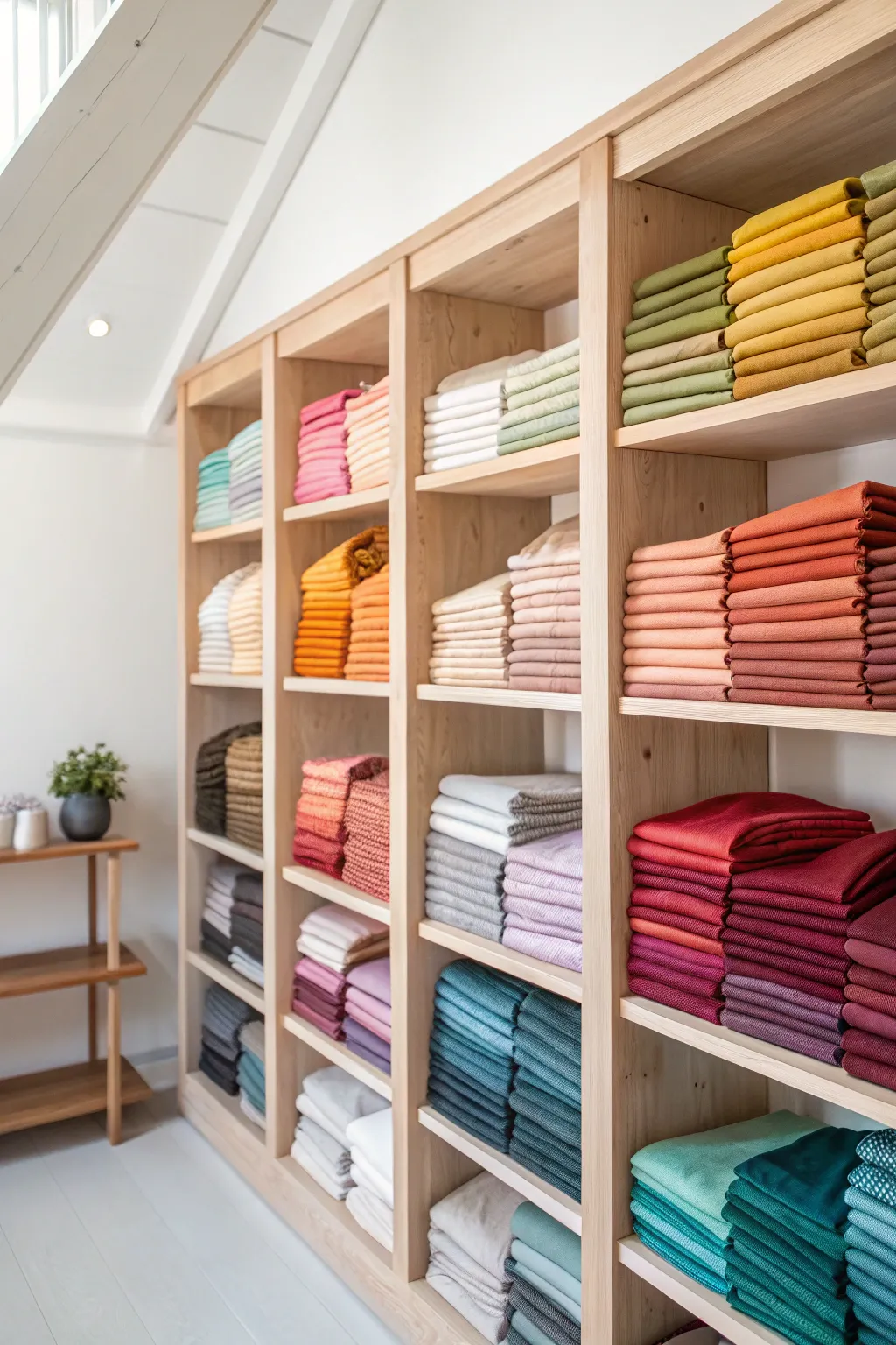 Transform your sewing space with a color-coded fabric display that combines beauty and functionality.
