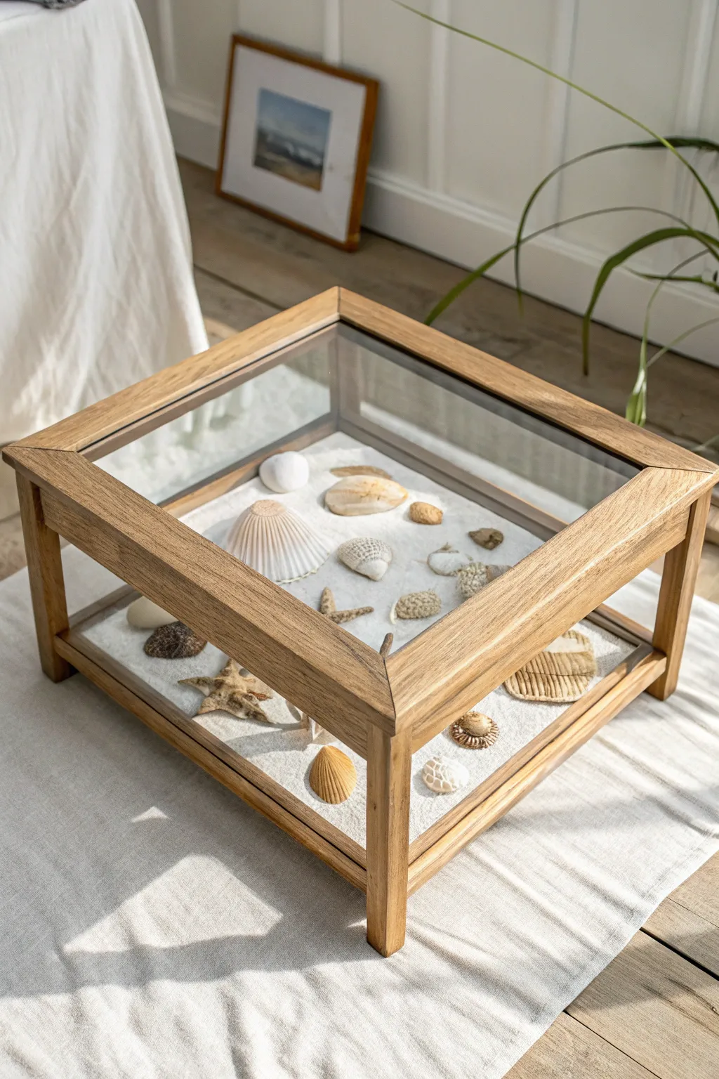 Bring the beach home with a seashell-filled shadow box table—where simplicity meets natural elegance.