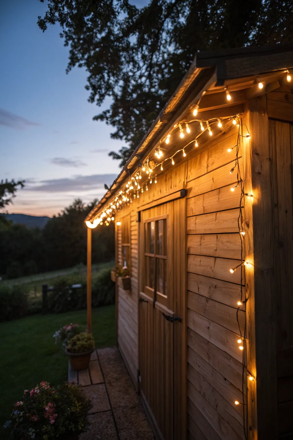 Transform your shed into a magical retreat with the enchanting glow of string lights.