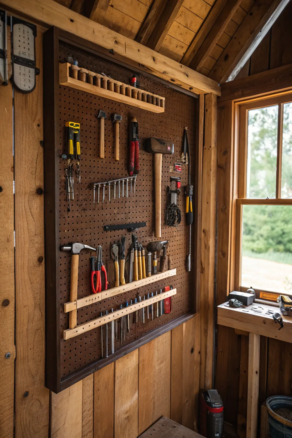 Transform your shed into a Pegboard Paradise: where every tool has its place.