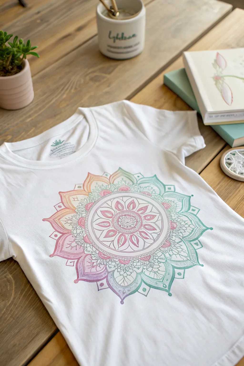 Transform simplicity into art with a hand-painted mandala shirt.