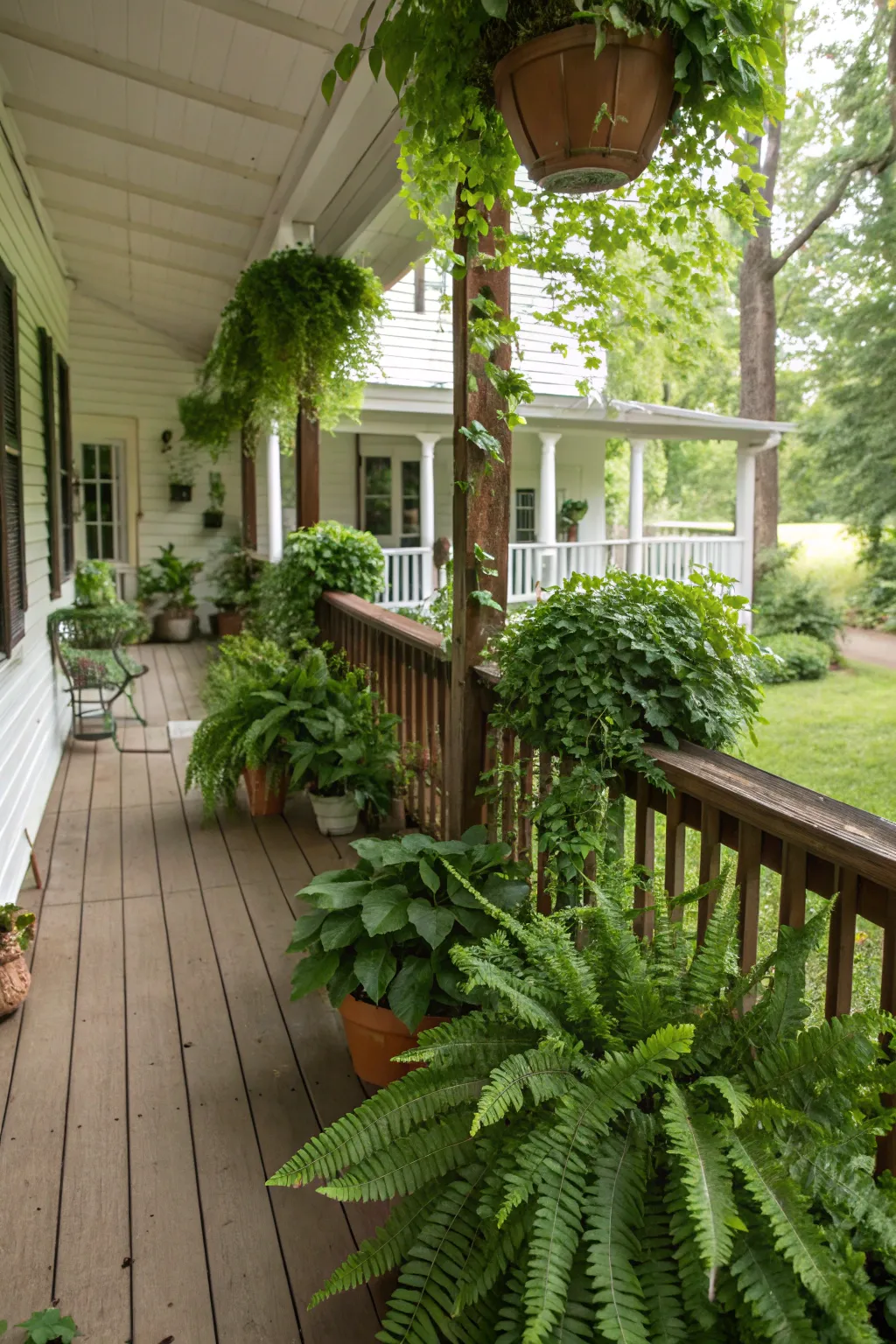 Potted ferns and ivy bring lush greenery to the porch.