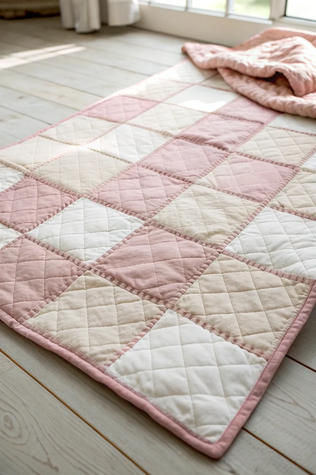 Embrace timeless elegance with this charming patchwork quilt in soft pinks and whites.