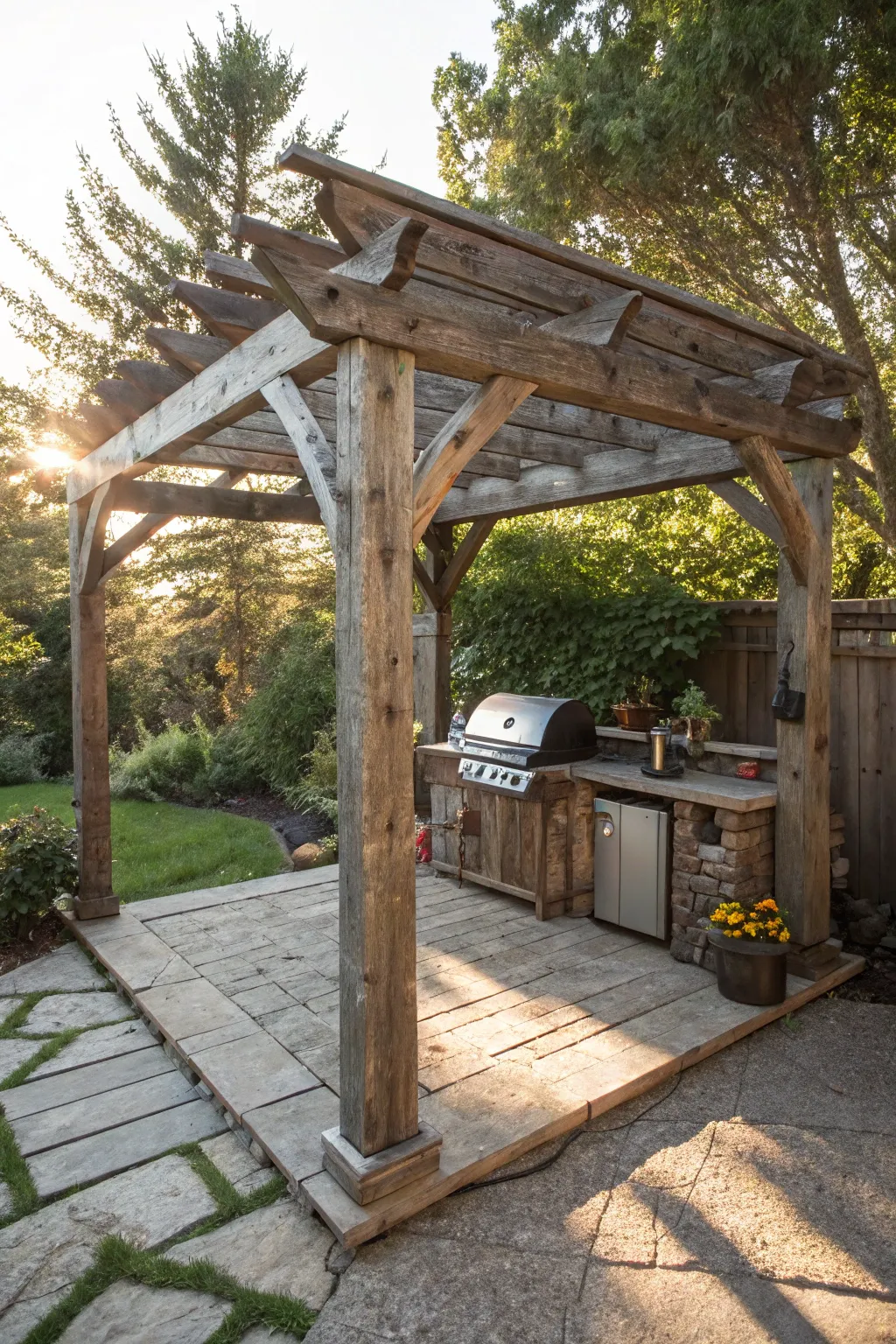 Elevate your grilling space with a rustic wooden pergola, the perfect blend of charm and functionality.