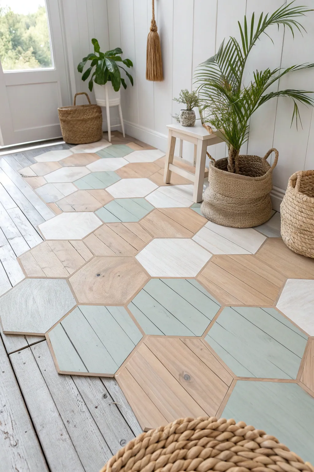 Transform your space with the elegance of geometric floor patterns—where Scandinavian minimalism meets boho charm.