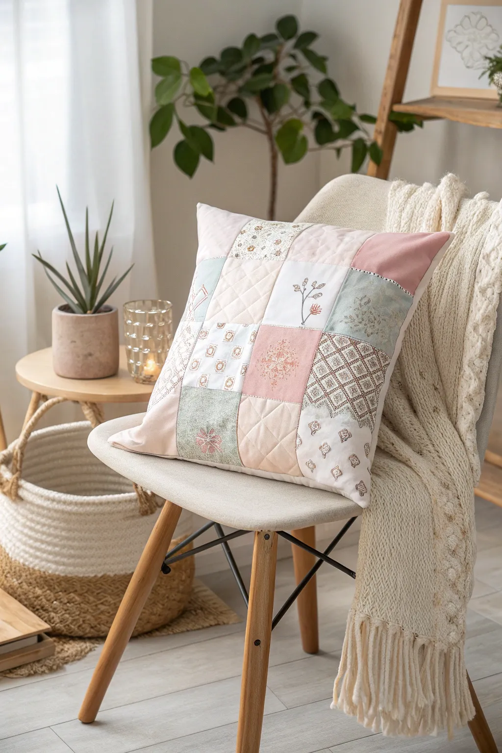 Discover the beauty of simplicity with this classic square patchwork cushion, perfect for adding a personal touch to any minimalist space.