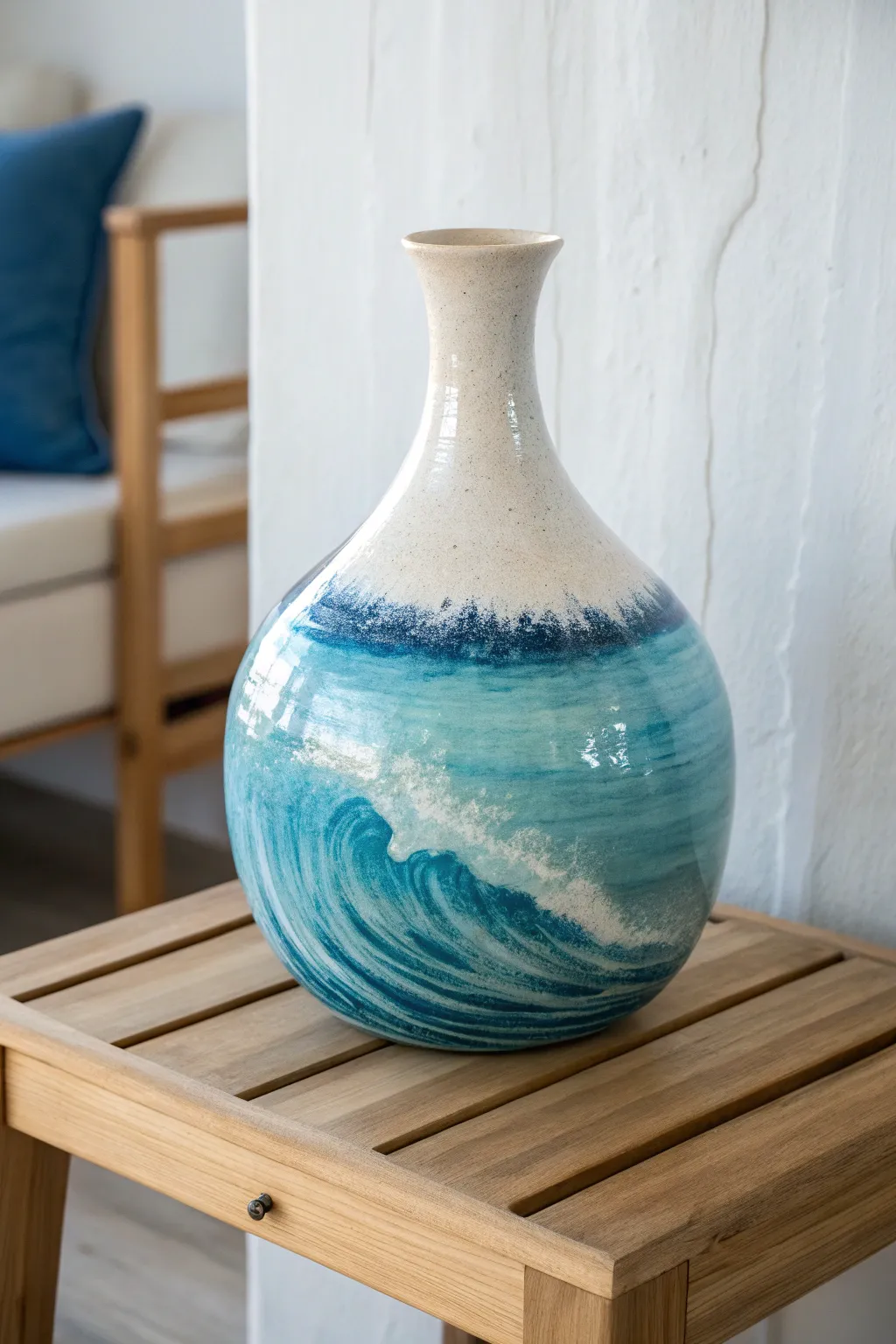 Embrace the calming allure of the ocean with this gradient blue wave pottery masterpiece.