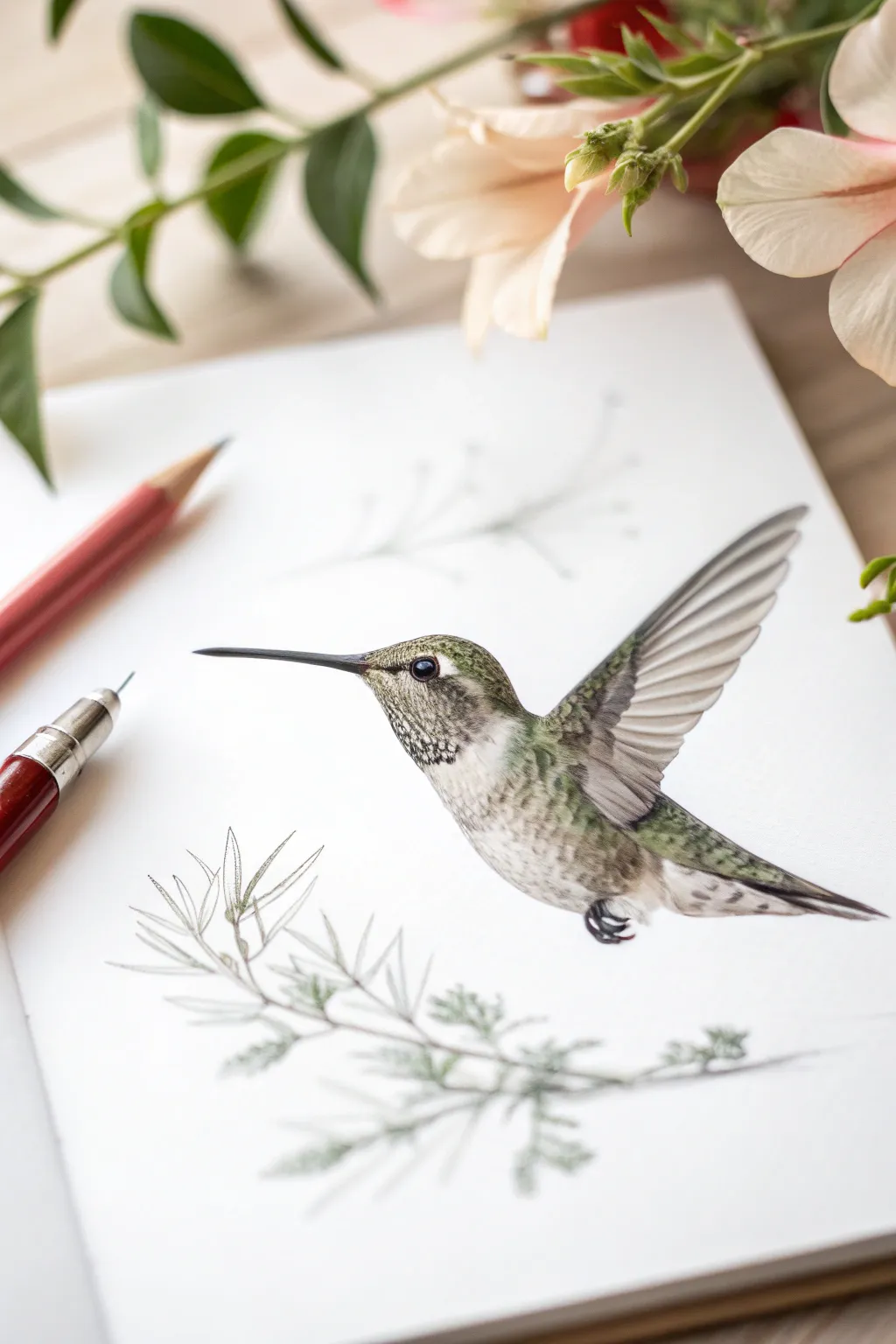 Capture the grace of nature with minimalist elegance: a hummingbird in flight.