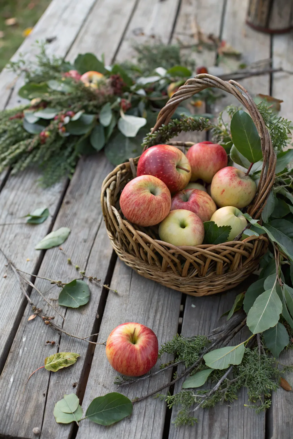 A fresh and inviting apple basket with greenery.
