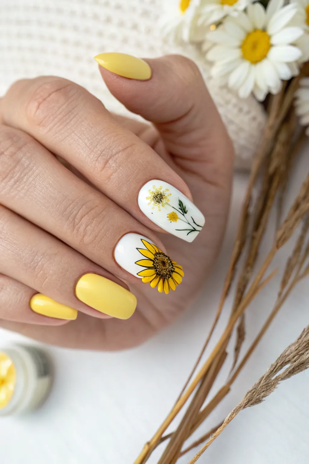 Embrace timeless elegance with classic sunflower accent nails for a touch of sunny sophistication.