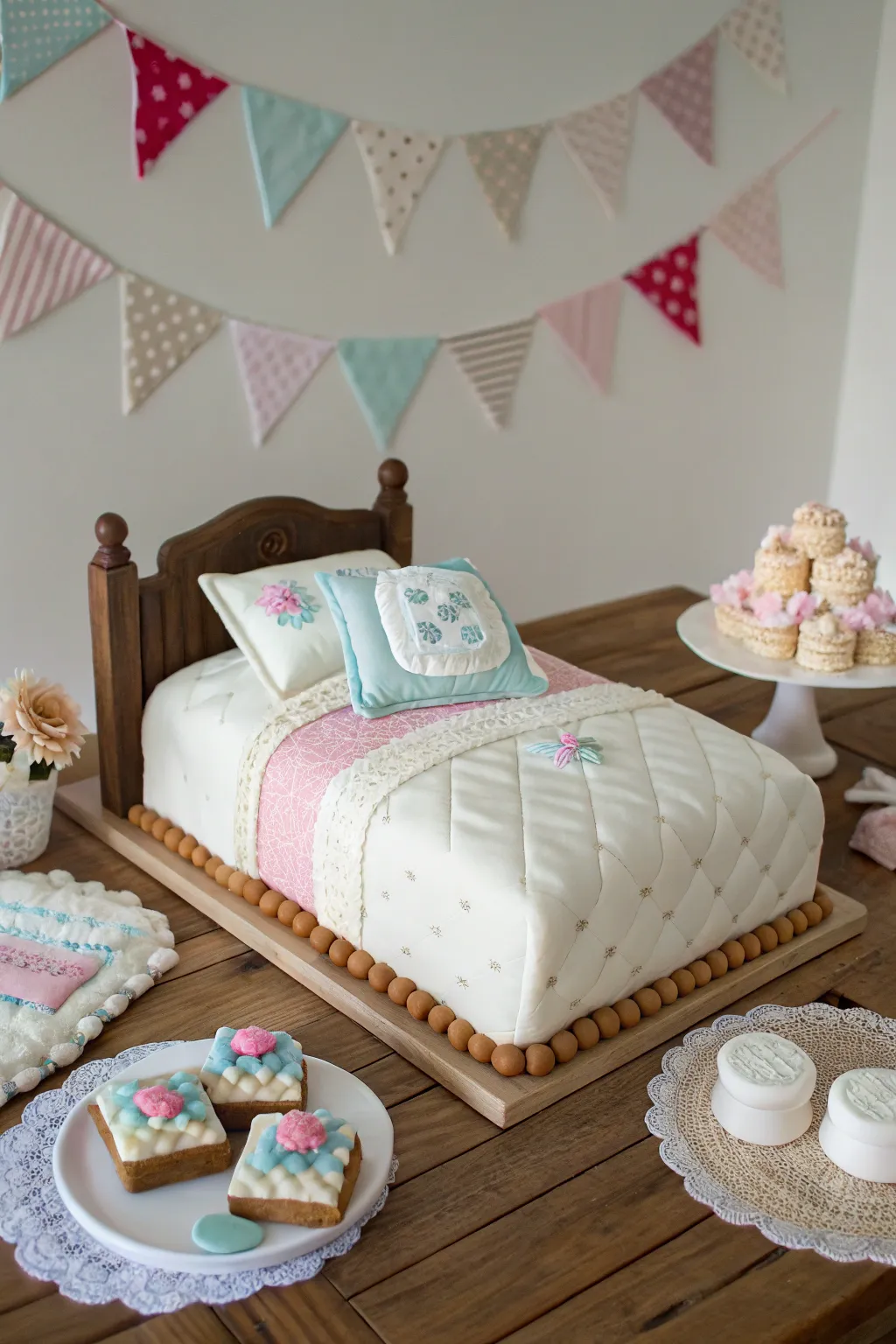 A bed-themed cake, capturing the essence of cozy slumber parties.