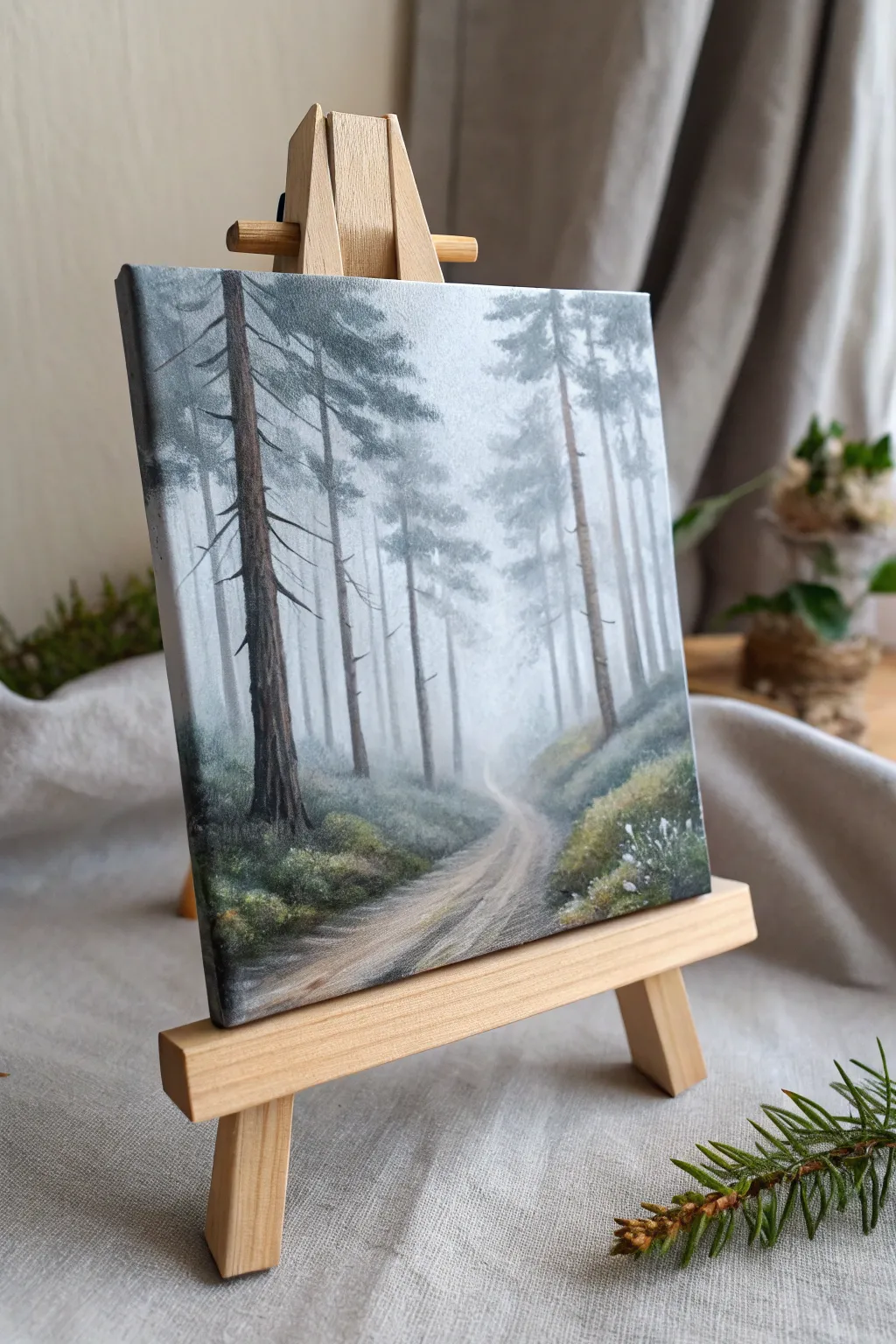 Capture the serenity of nature with a tiny forest masterpiece—where misty mornings and towering trees come alive on canvas.