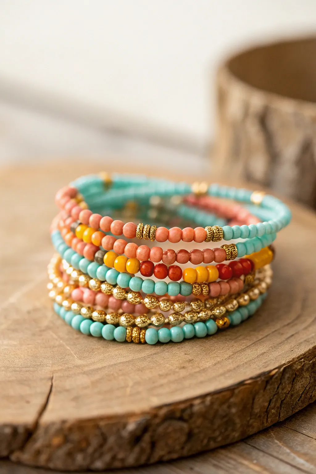 Embrace bold beauty with a stack of vibrant bead bracelets, where craftsmanship meets playful color.