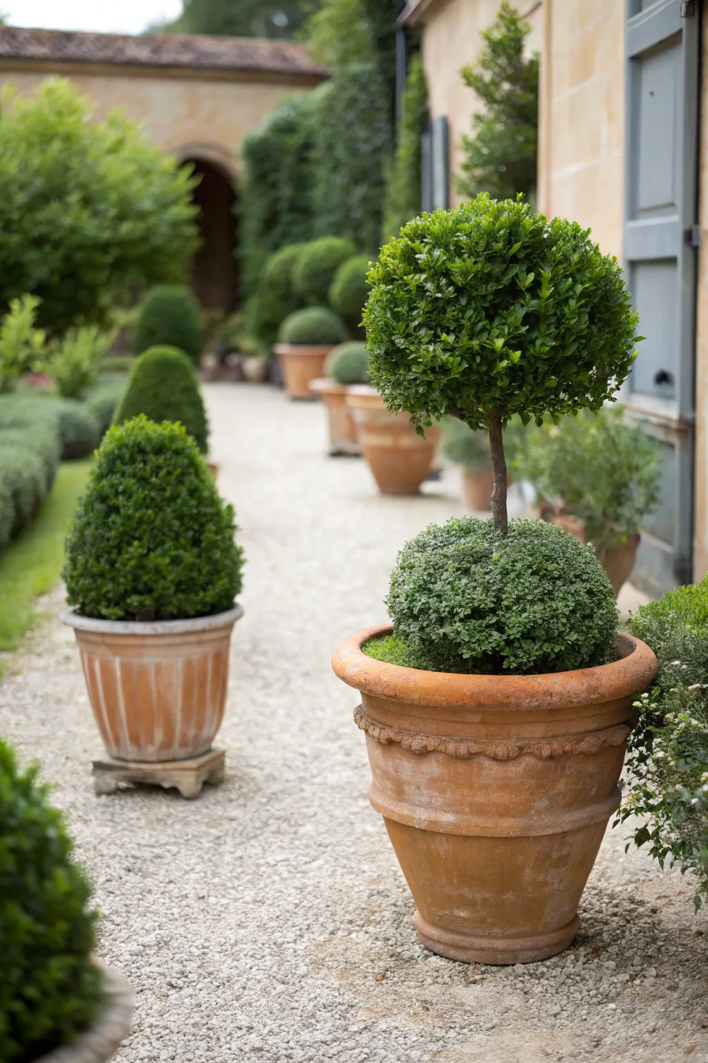 Discover the elegance of symmetry in your garden with beautifully potted topiary plants.