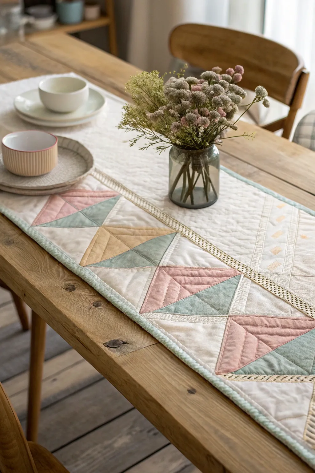 Add a touch of elegance and warmth to your dining space with a handcrafted quilted table runner.