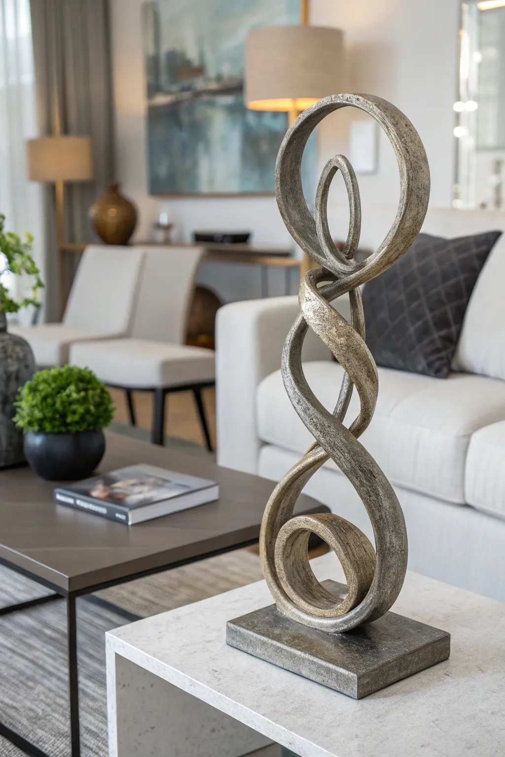 An abstract metal sculpture brings modern elegance to a side table.