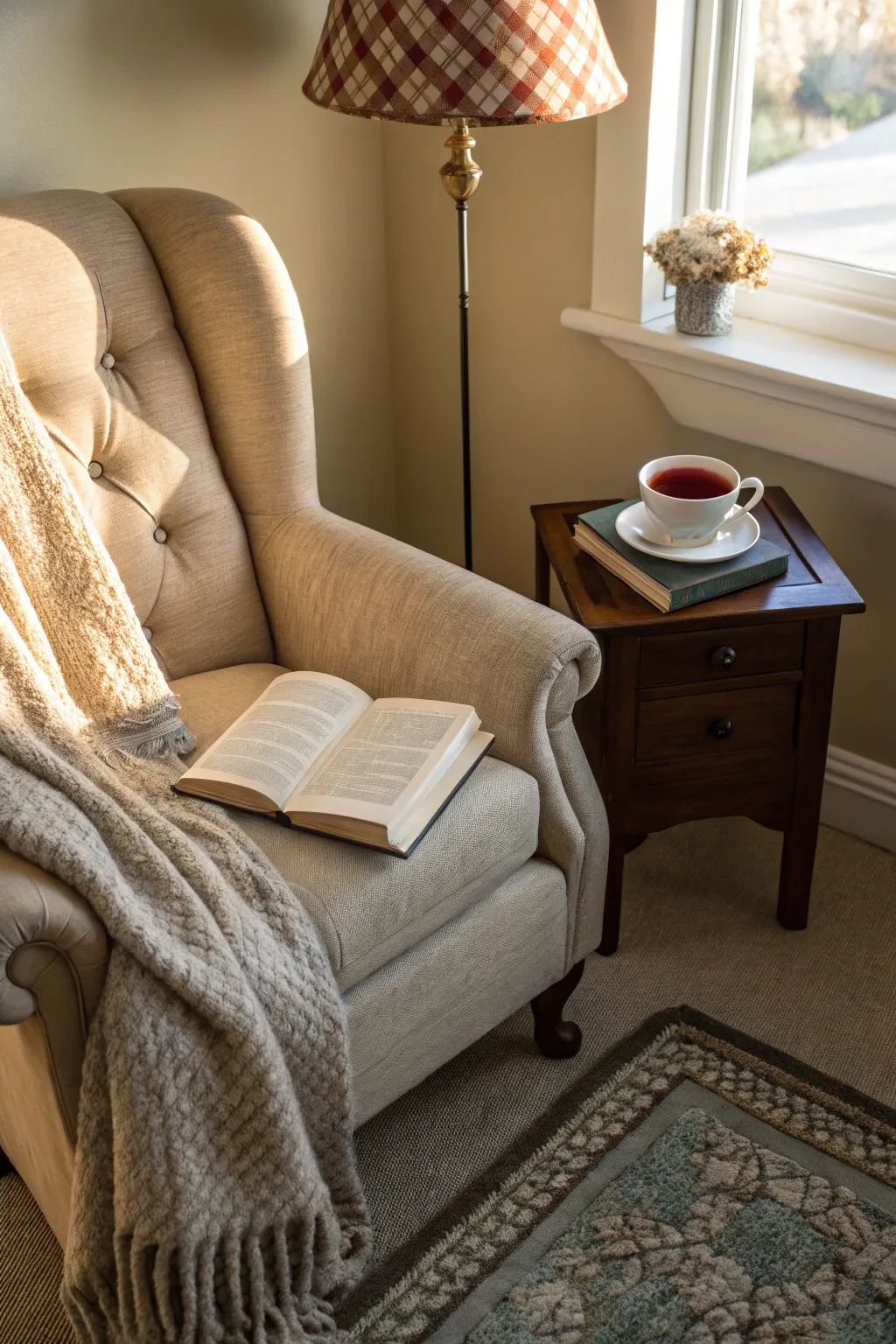A cozy armchair offers the perfect spot to unwind with a good book.