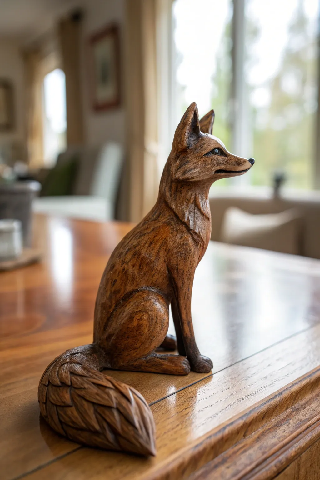 A masterwork of craftsmanship: this charming wooden fox figurine captures the essence of nature's sly beauty.