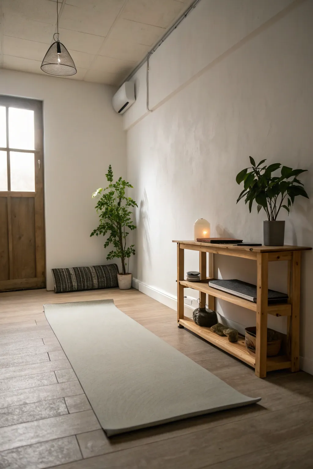 A minimalist yoga room that maximizes space with simplicity.