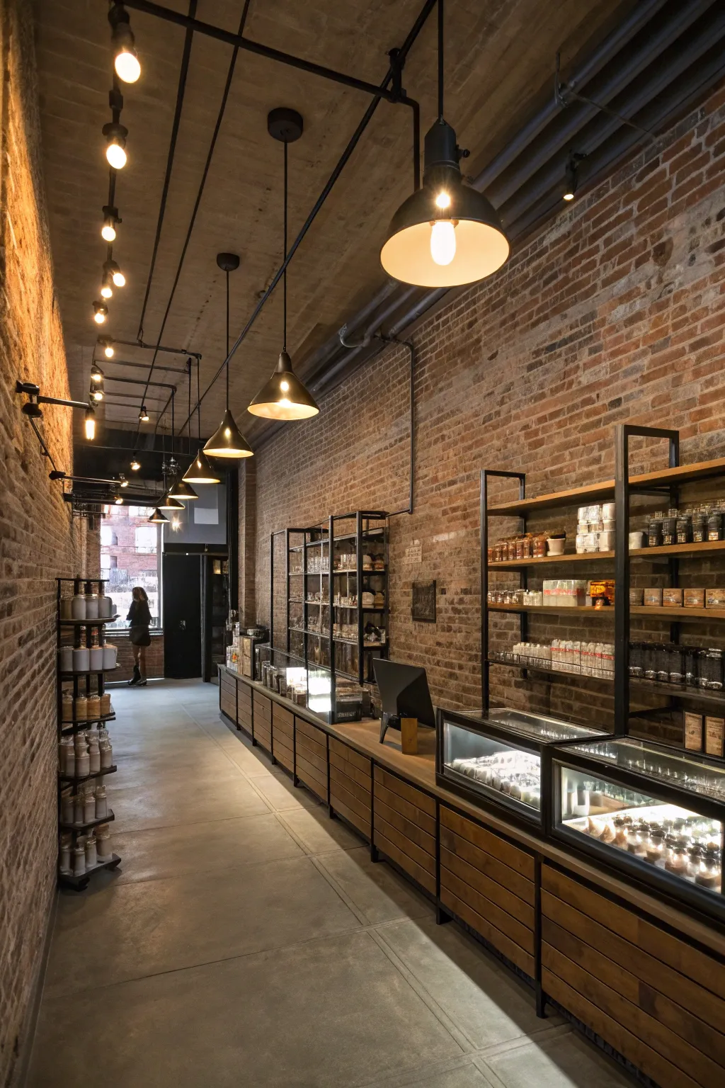 Industrial chic elements bring a modern edge to smoke shop design.