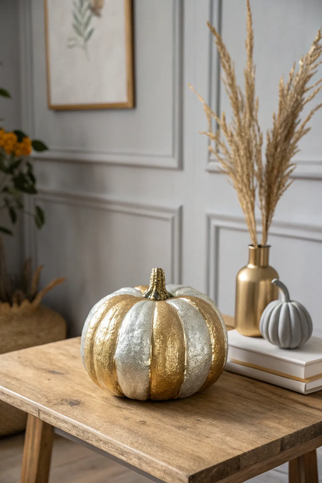 Elevate your autumn decor with a touch of metallic elegance. This gold and silver pumpkin is a stunning centerpiece for any minimalist setting.