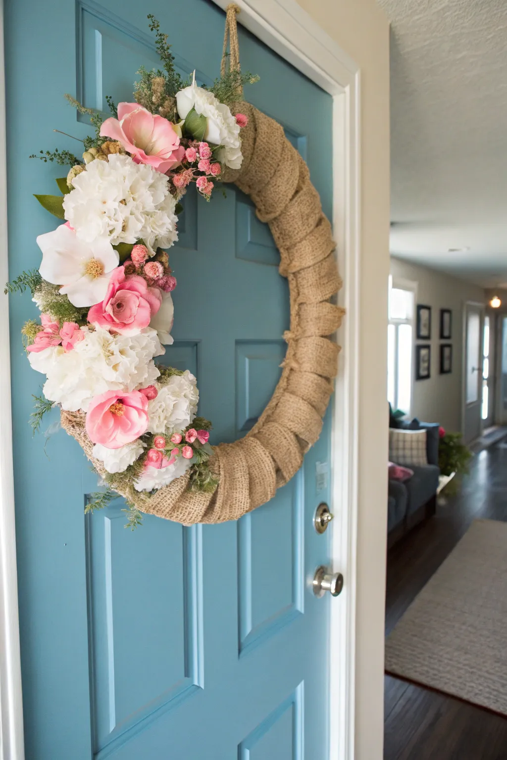 A classic burlap wreath adorned with pink and white blossoms.