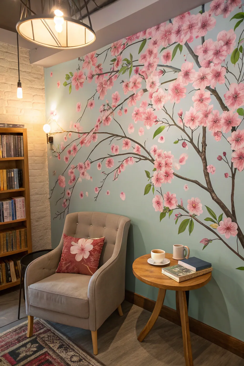A cozy reading nook with a wall mural of cherry blossoms in full bloom.