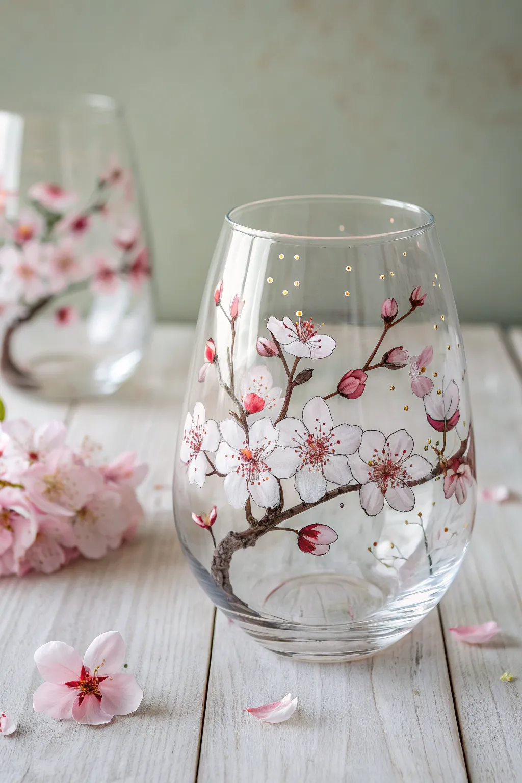 Embrace the beauty of cherry blossoms with this elegantly painted stemless wine glass.