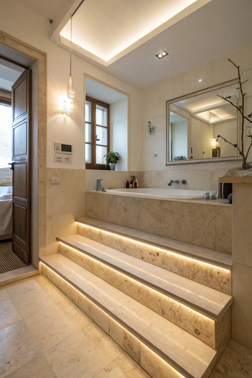 A bathroom with steps leading to a raised bathtub, creating a luxurious atmosphere.