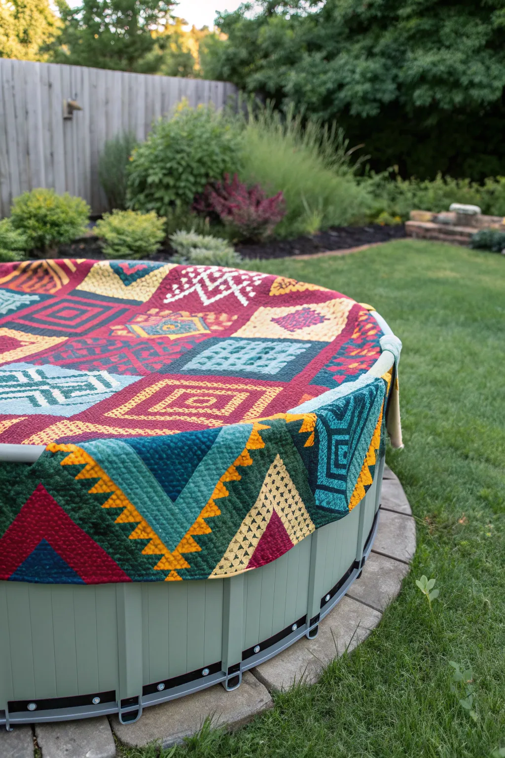 Transform your pool into a vibrant oasis with a handcrafted colorful canvas cover.