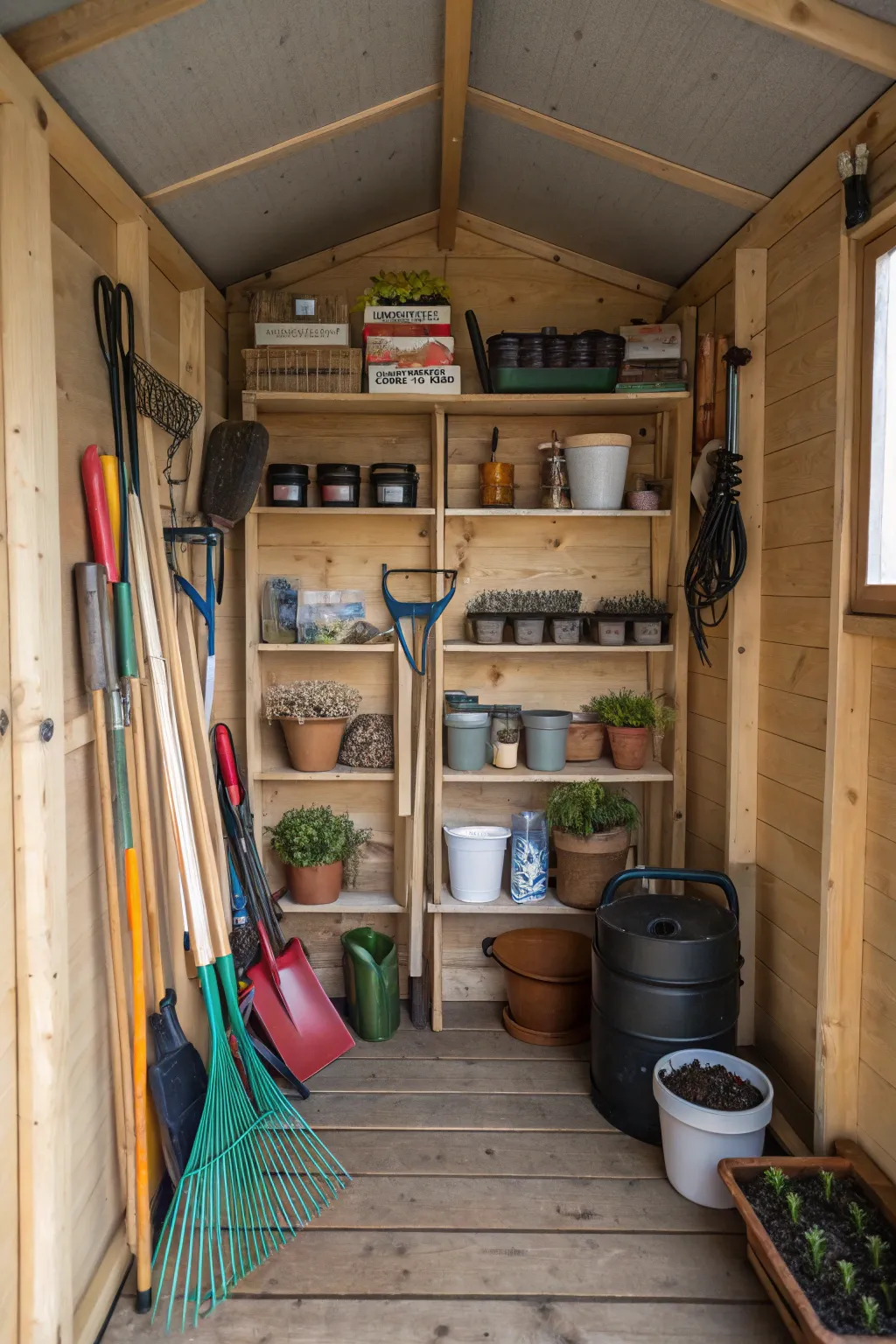 Floating shelves maximize storage in a compact shed.