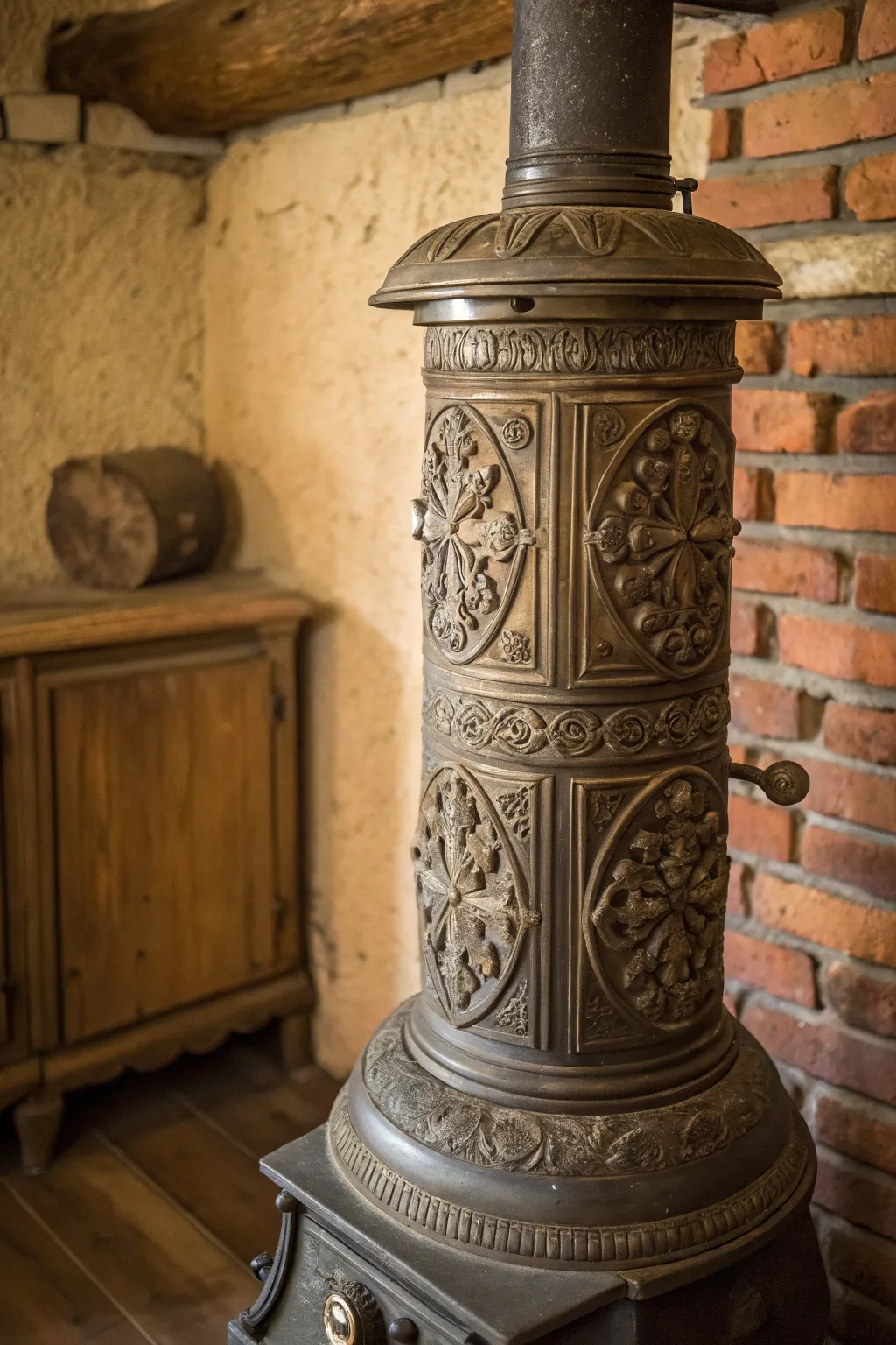 Discover the elegance of vintage charm with an exquisitely detailed stove pipe cover.