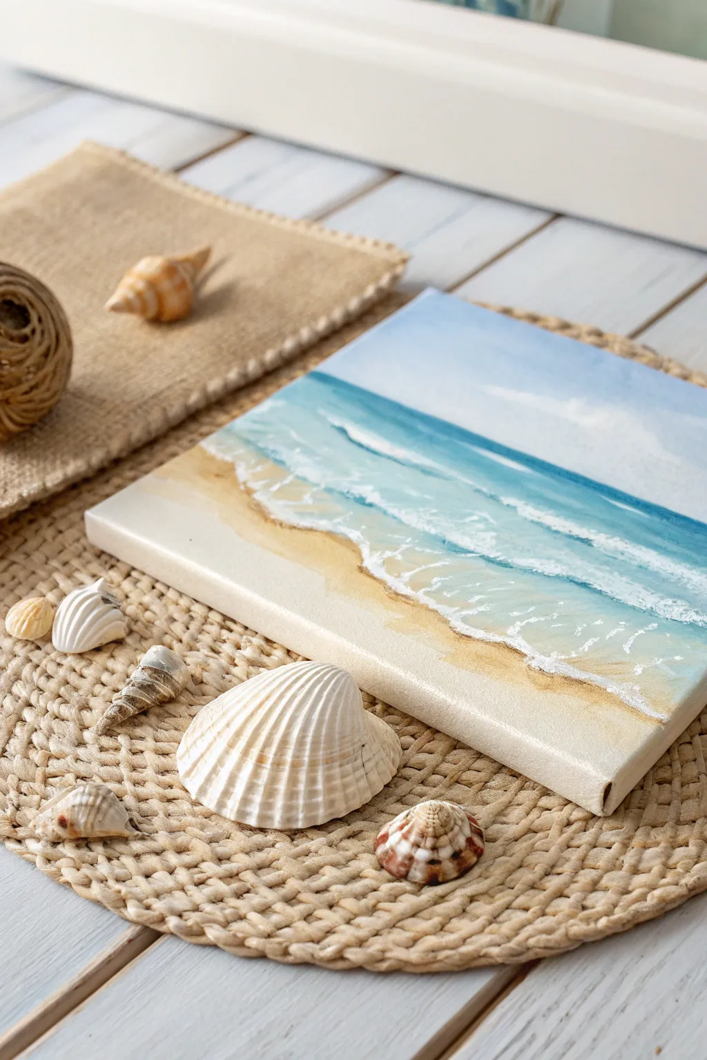 Capture the essence of a beach day: A serene splash of paint and sand.