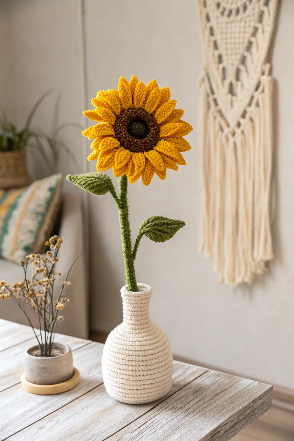 Elevate your space with the timeless charm of 3D crocheted sunflowers, where craftsmanship meets natural beauty.