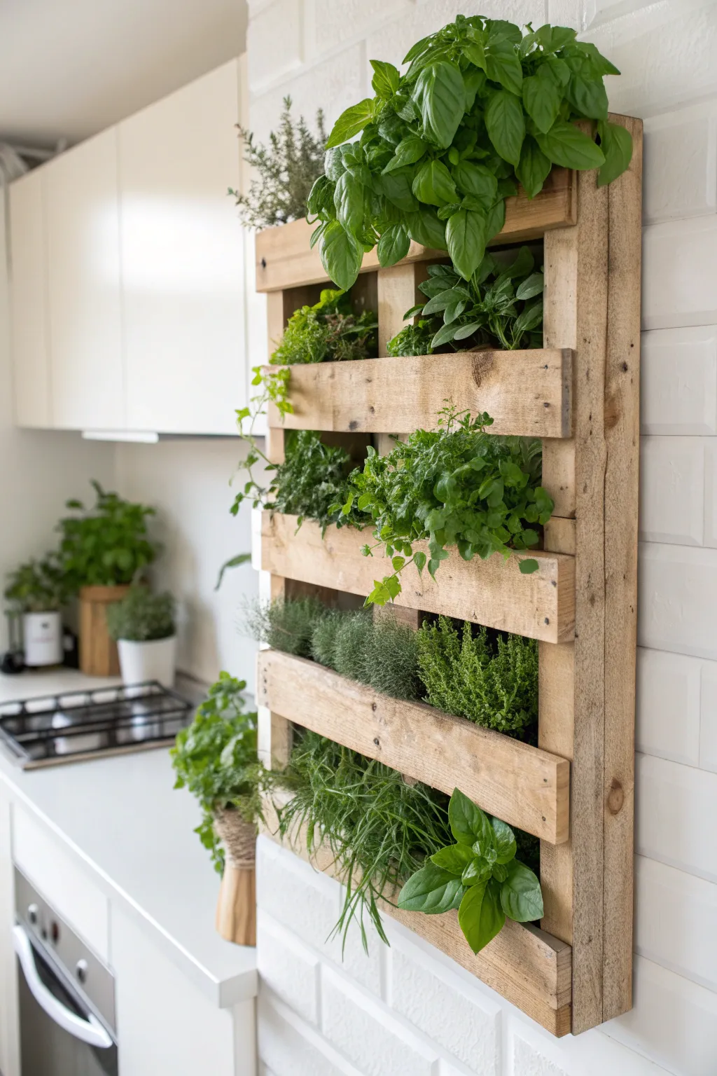 Transform your kitchen space with a charming vertical herb garden, where sustainability meets style.