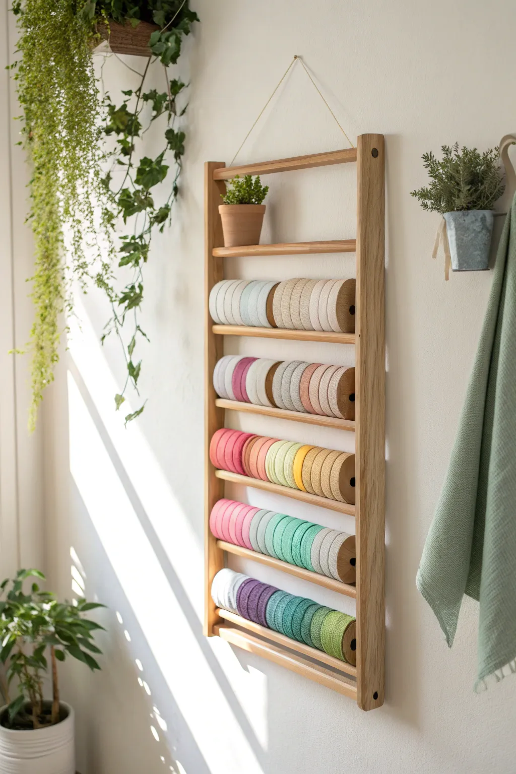 Elevate your craft space with a touch of Scandinavian elegance—wall-mounted tape racks for the perfect blend of organization and style.