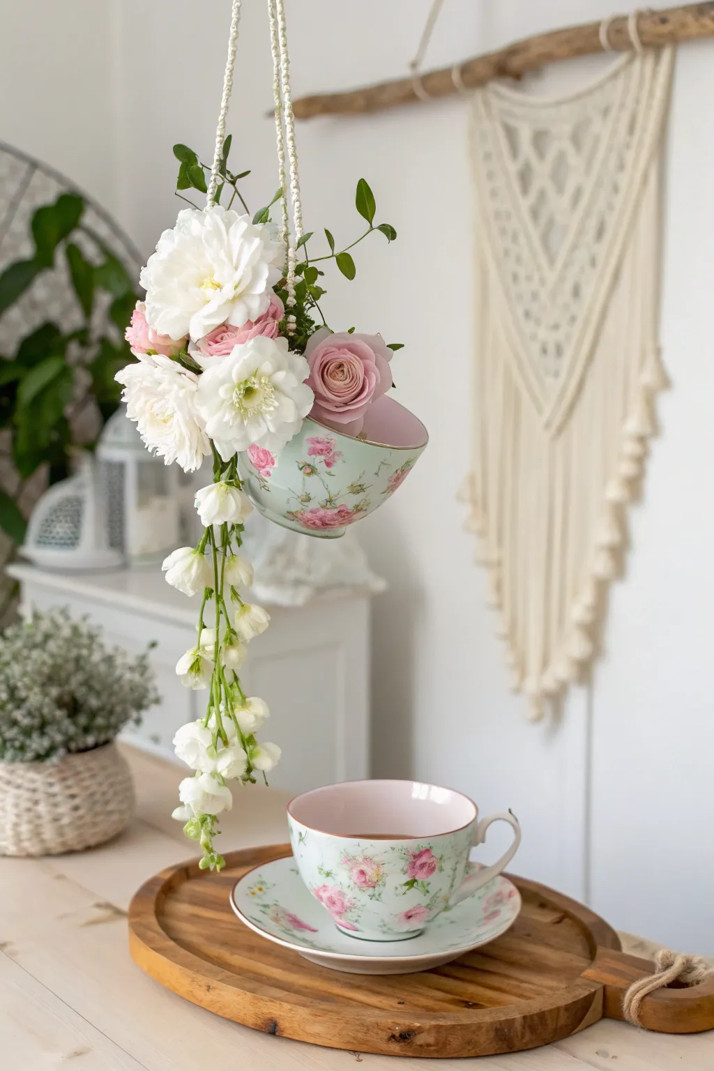 Add a touch of whimsy to your space with this enchanting floating teacup display. 🌸✨ #HomeDecor #CraftIdeas #MinimalistBeauty
