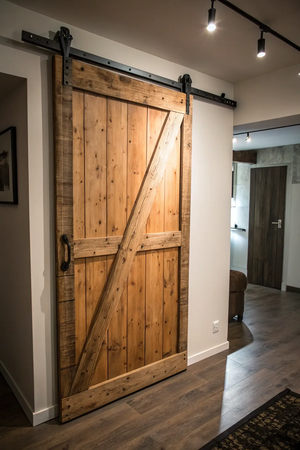 Elevate your space with a touch of rustic charm: DIY sliding barn door crafted from reclaimed wood.