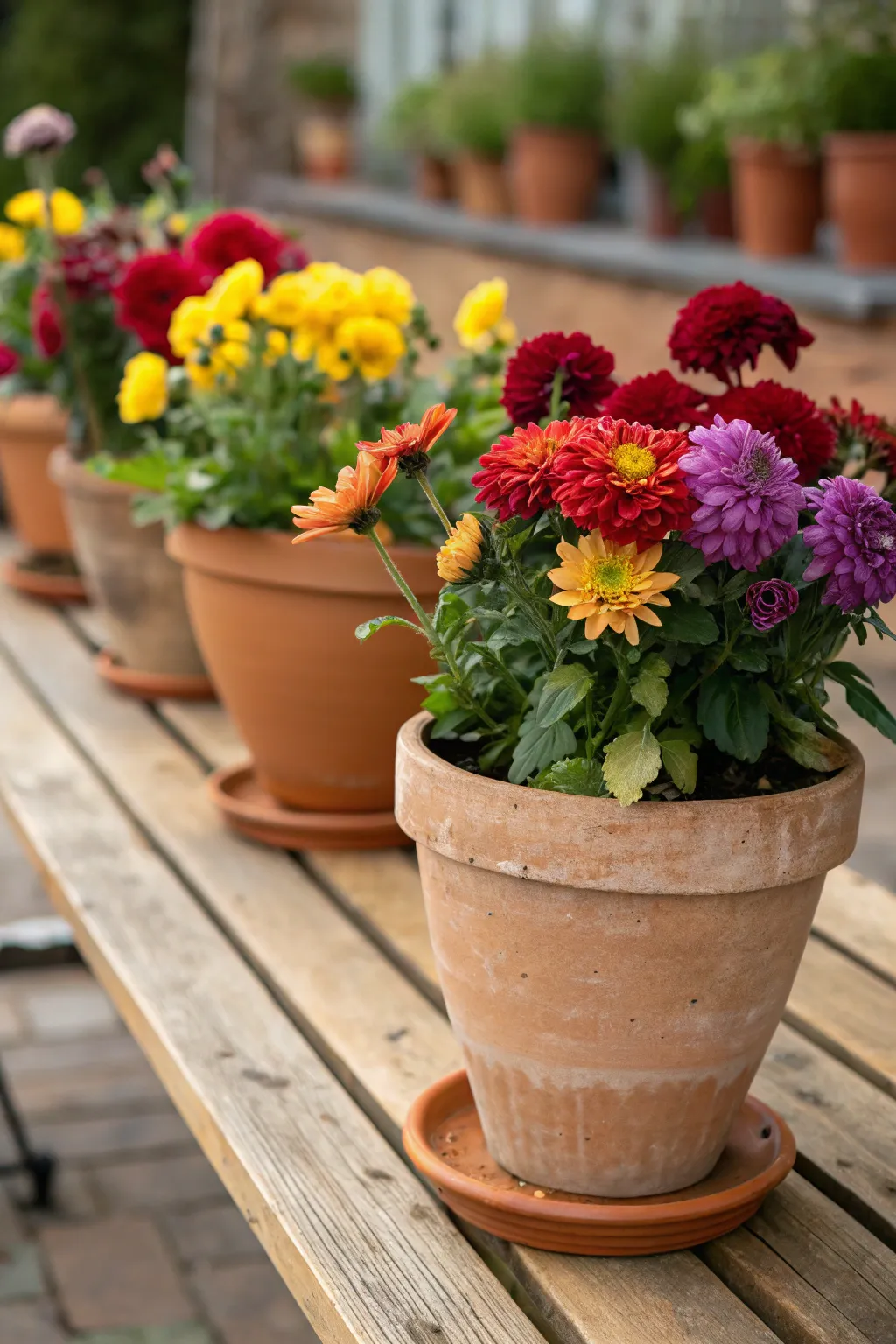 Vibrant fresh blooms in terracotta pots create a stunning centerpiece.