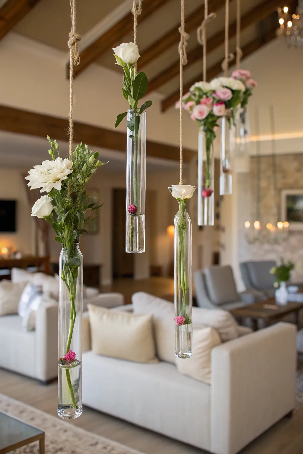 Floating floral displays with hanging test tubes create a whimsical garden effect indoors.