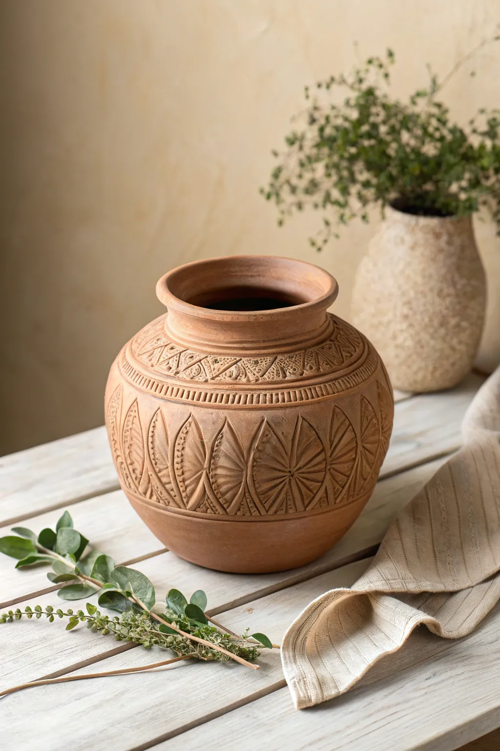 Add depth and elegance to your space with a handcrafted clay pot featuring unique embossed patterns. Perfect for minimalist and boho-inspired interiors.