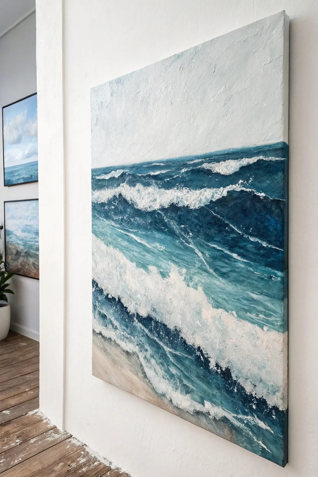 Dive into serenity with textured ocean wave art, a minimalist masterpiece for your tranquil space.