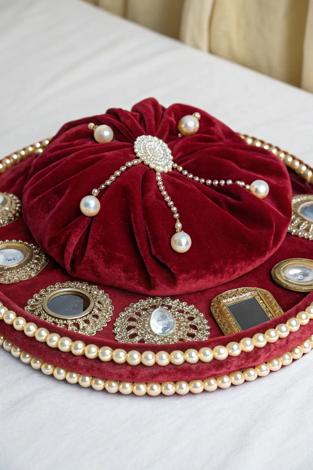 A thali elegantly covered with red velvet, embellished with pearls and mirrors.